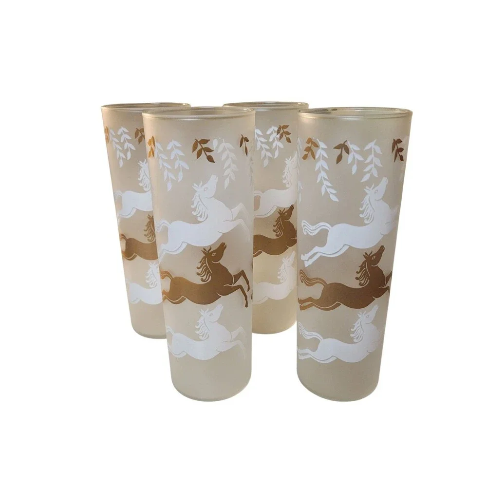 Vintage Libby 4 Tall Horses Leaping Frosted Glasses MCM Gold White 7